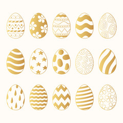 Happy Easter golden eggs outlines and silhouettes with different pattern. Vector isolated spring gold holiday icons. 