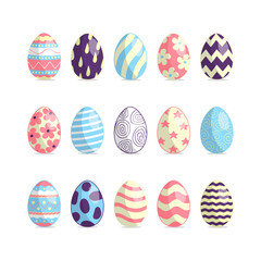 Happy Easter colorful eggs with different pattern. Vector isolated spring holiday watercolor icons. 