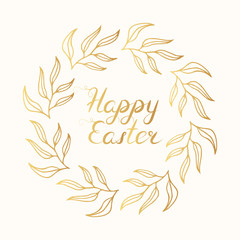 Fototapeta na wymiar Happy Easter golden frame with lettering. Cute gold floral wreath holiday greeting card, invitation template.
