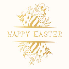 Fototapeta na wymiar Happy Easter golden border with eggs, bunny ears, branches and lettering with rabbit. Cute gold floral holiday greeting card, invitation frame.