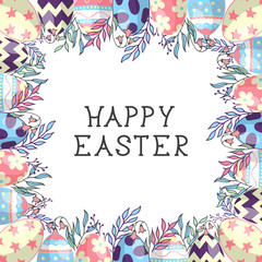 Obraz premium Hand drawn colorful floral Happy Easter frame with eggs, branches and lettering. Cute holiday composition for greeting card or invitation.