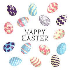Happy Easter colorful eggs with different pattern. Vector isolated watercolor spring holiday icons with lettering. 