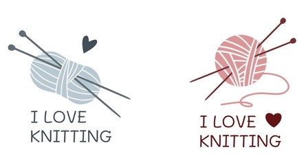 I love knitting. Yarn and needles. Logo set. Vector illustration.