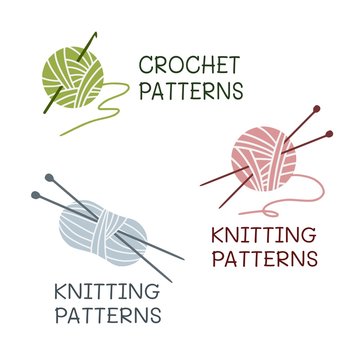 Crochet patterns. Knitting patterns. Logo set. Vector illustration.