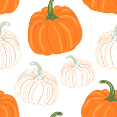 Seamless pattern. Pumpkin. Vegetables. Natural food and healthy nutrition. Flat vector illustration on a white background.