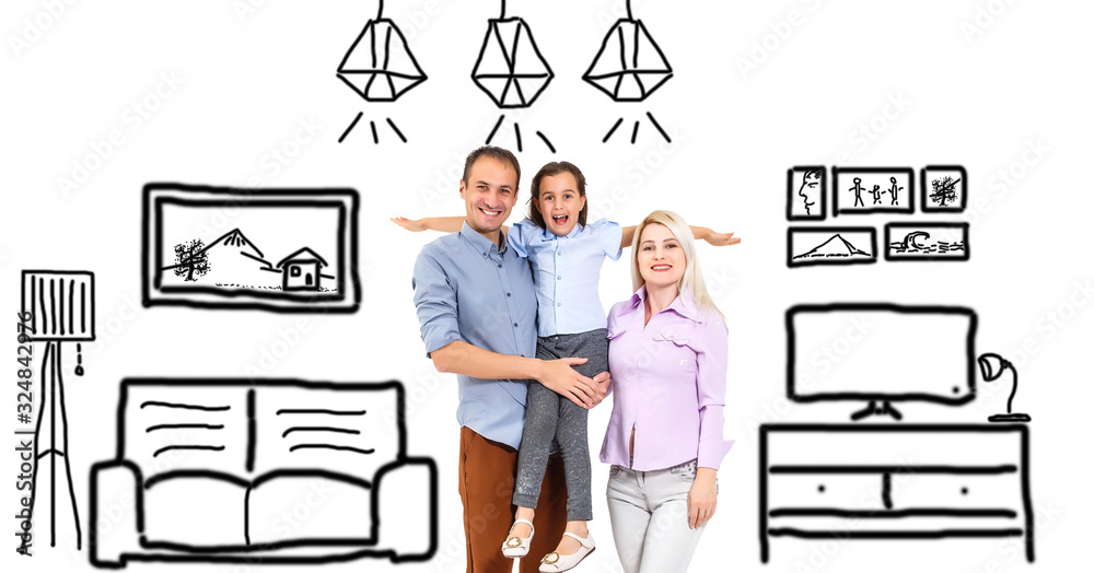 Poster view Of Happy family Dreaming Of Their New Home And Furnishing On Blue Background. Family With Sketch Drawing Of Their Future Flat Interior.