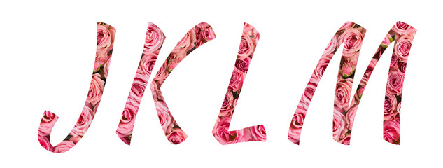 The letters JKLM of the English alphabet is cut out of pink roses on a white isolated background.Floral pattern, texture.Bright alphabet for stores, sales, websites, postcards and holiday greetings.