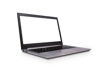 Left side view of Modern slim design laptop with blank screen, isolated on white background with clipping path