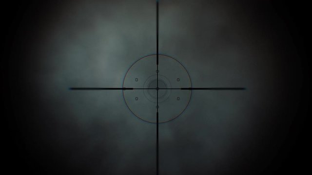 View through binoculars at black smoke coming from explosions or night fog.