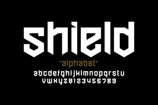 Shield style font design, security, protection theme alphabet, alphabet letters and numbers,