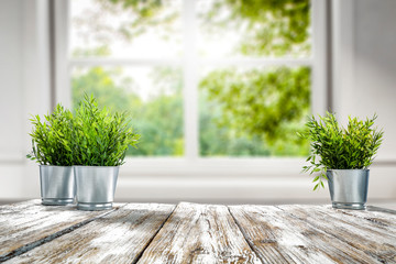 Desk of free space and spring window background 