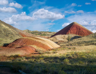Obraz premium Incredible red and gold clay pyramid and mounds in a park with vegetation, hills, trees and a beautiful blue and white sky on the Red Scar Knoll/Red Hill Trail at the John Day Fossil Beds in Oregon