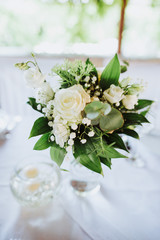 Restaurant Decorated with Flowers for the wedding dinner
