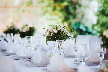 Restaurant Decorated with Flowers for the wedding dinner