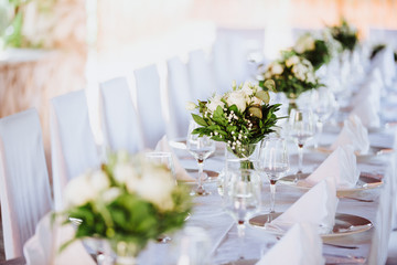 Restaurant Decorated with Flowers for the wedding dinner