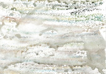 With wax chalk crayons handpainted watercolor wash background foil printing with the colors blue,...