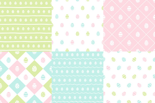 Easter, Paschal eggs regular seamless spring patterns collection, set. Pink, green, blue colors. Tiny painted cute egg shapes with stripes, square check, plaid, wavy doodle hand drawn streaks textures