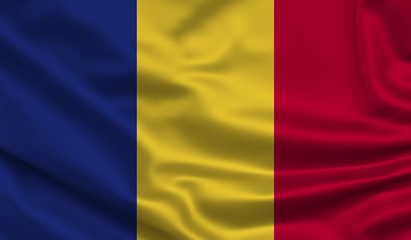 Waving Romania flag. Silk texture. 3d Illustration.