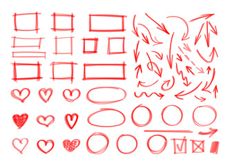 Vector set of hand drawn design elements, red marker strokes, abstract shapes, squares, circles, arrows, hearts.