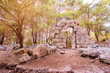 Travel and architecture. Ancient ruins in antique town Phaselis, Turkey.