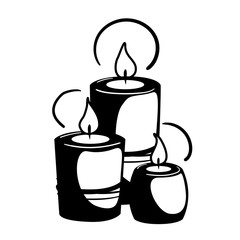 Glyph three candles spa for web design. Holiday celebration relaxation black silhouette concept. Health care Aromatic vector pictogram on isolated white. Fire Meditation logo icon decoration