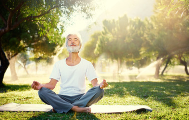 Yoga at park. Senior bearded man in lotus pose sitting on green grass. Concept of calm and...