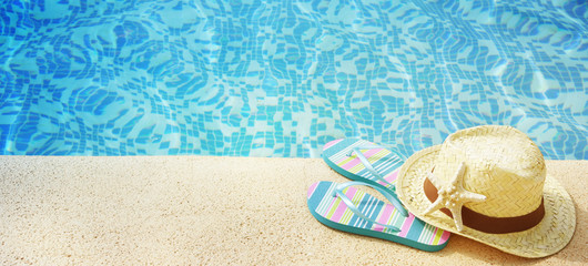 Summer accessories at the swim pool, Travel concept, Vacation time