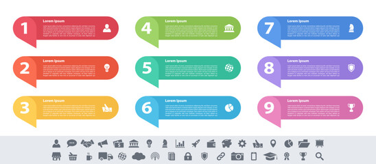Infographic design business concept vector illustration with 9 steps or options or processes represent work flow or diagram or web button banner