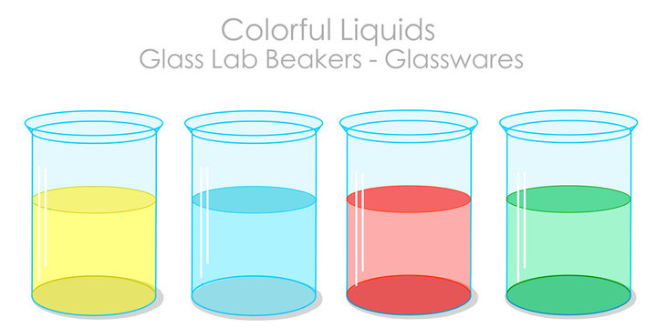 Beakers glassware. Colorful fluids. Yellow red blue green  liquid in the glass lab container, flask. Transparent shiny lab bottle.  2d Cartoon  chemistry illustration Vector