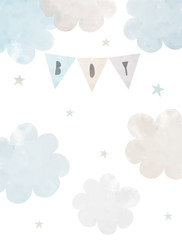 Cute Baby Shower Illustration with Fluffy Blue and Gray Clouds on a White Background. Party Garland with Handwritten Boy Letters.Lovely Nursery Art with Watercolor Clouds for Card, Invitation, Poster.