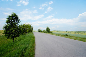 Open straight road in green field.