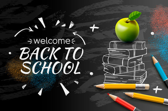 Welcome Back to School web banner, doodle on black chalkboard background, vector illustration.