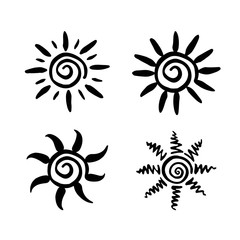 Set of hand drawn sun symbols. Silhouette of suns. Graphic elements for decorative ornament. Vector illustration isolated
