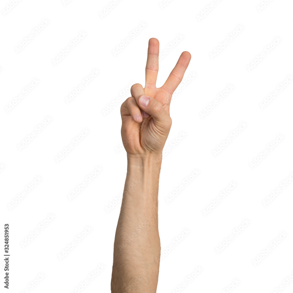 Wall mural Adult man hand showing victory gesture