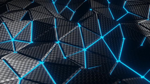 Abstract grey triangle checkered pattern 3D wave on blue light blur neon design modern futuristic technology background video illustration.