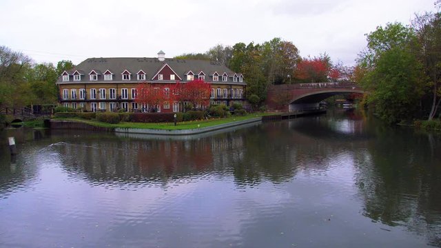 Wharf pool and bridge on River Wey Navigation, Canal and River system, at Weybridge, Surrey, England, UK.