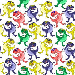 Seamless pattern with colored dinosaurs on a white background.