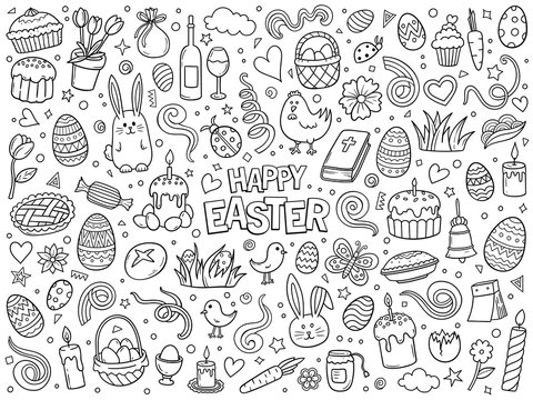 Cartoon hand drawn vector doodle set of traditional Easter items.