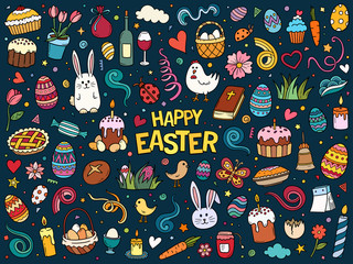 Colorful hand drawn vector doodle set of traditional Easter items