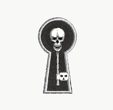 recommend clip art: Black silhouette on white of an old antique key topped with a skull conceptual of unlocking a pirate treasure, or a horror design element for Halloween, vector illustration. tattoo design.