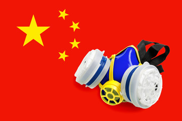 Individual reusable respirator with filters to protect respiratory organs on Chinese national flag...