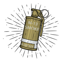 Smoke Grenade. Hand drawn vector illustration with a grenade and divergent rays. Used for poster, banner, web, t-shirt print, bag print, badges, flyer, logo design and more.