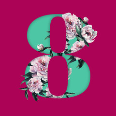 8 March International Women's Day greeting card template with peony  flowers