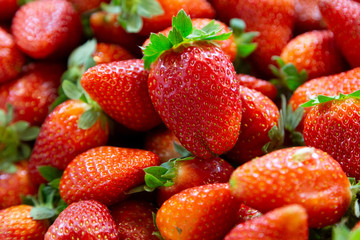 Red ripe strawberries background. Close up, top view. Background of ripe red strawberries. Full Frame Shot Of Strawberries At Market