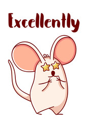 Cute cartoon kawaii mouse flat excellently hand drawn print isolated on white background