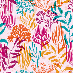 Coral polyps seamless pattern., Australian staghorn and pillar corals branches.