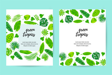 Invitations set with exotic jungle leaves. Vector illustration tropical template. Place for text. Great for flyer, invitation, ecological concept, poster, announcement. Flat style design.