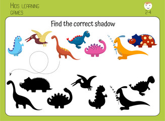 Find correct dinosaur shadow. Game for children, preschoolers. Cute cartoon dinosaurs. Educational card for kids.