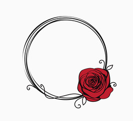 Line circle frame with red rose and swirls. Elegant abstract border for Valentines day. Abstract background for greeting card. Vector illustration