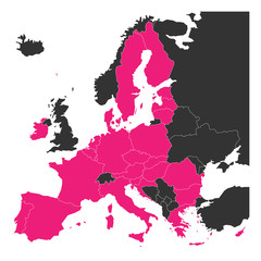 Political map of Europe with pink highlighted 27 European Union, EU, member states after brexit in 2020. Simple flat vector illustration